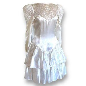 Vintage 1980s Womens Steppin Out Dress Sz M White Wedding Satin Lace Puff Sleeve